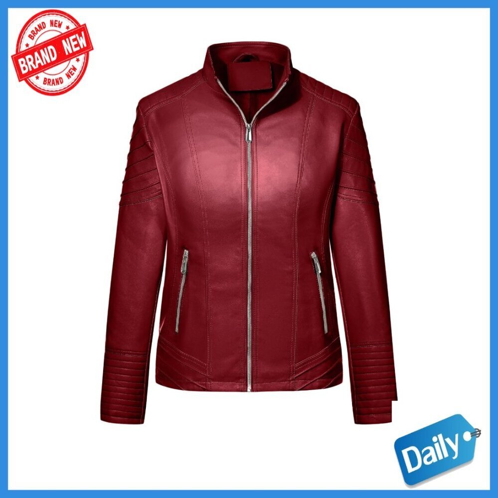 Plus Size Faux Leather Motorcycle Jacket Slim Fit Zipper Pockets